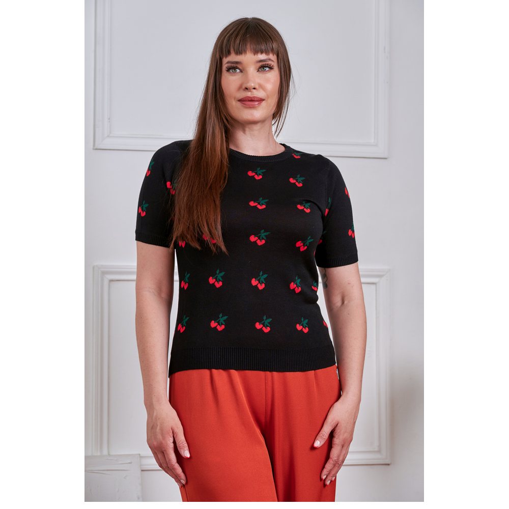 Banned - Sonia Fair Isle Cherries Pull en tricot - Noir